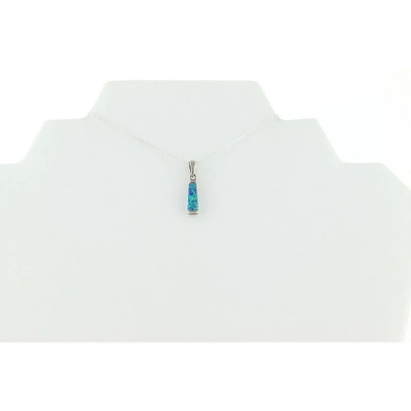 Sterling Silver Created Imitation Blue Green Opal Necklace 18 inch chain - Picture 6 of 8